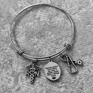 Silver Tone Nurse Prayer Stack Bangle Bracelet RN Caduceus Stethoscope Charms